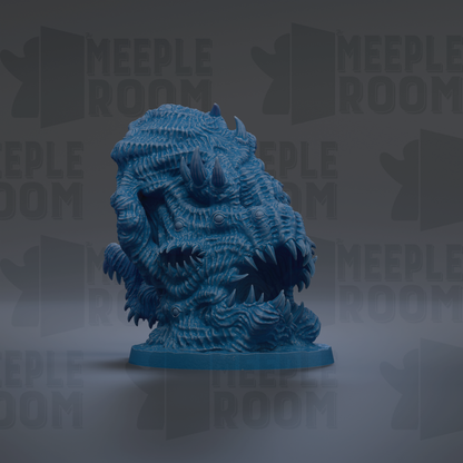 A 3D rendering of a blue, textured creature resembling a monster or parasite, with sharp teeth and claws, set against a dark background with repeated text.