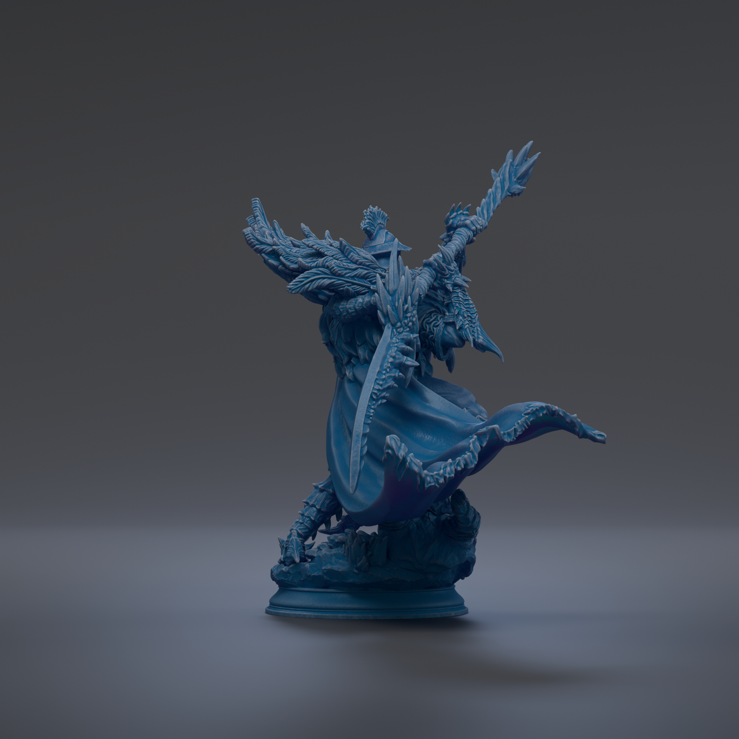 A 3D rendering of a blue, winged statue with intricate details and a flowing cape, set against a dark background.