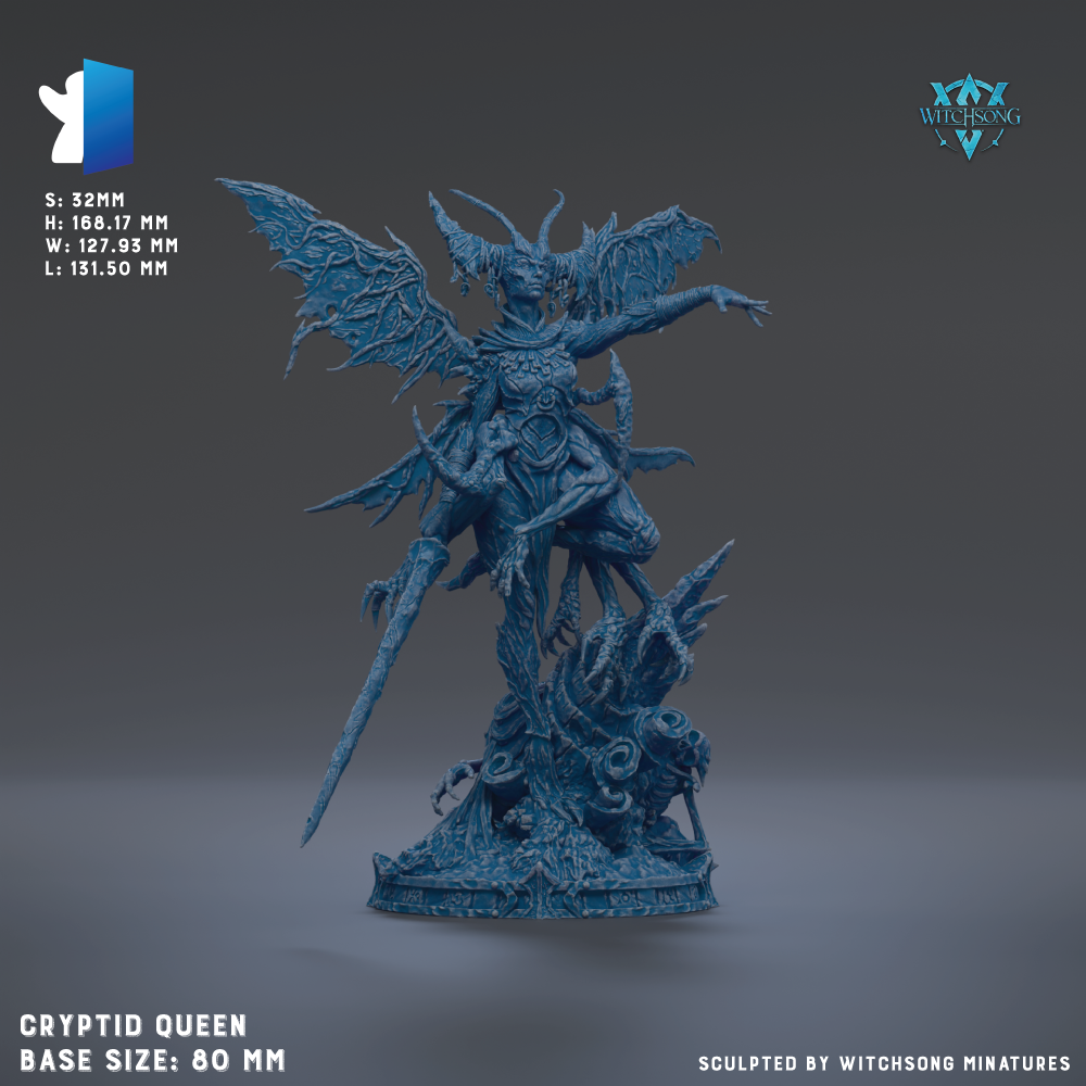 The image is a 3D model of a blue, winged, armored figure, likely a queen or a similar character, with a sword in hand. The figure appears to be made of a material that resembles stone or metal, giving it a sculpted, detailed appearance. The image is described as a "CRYPTID QUEEN" and is shown in a base size of 40 mm.