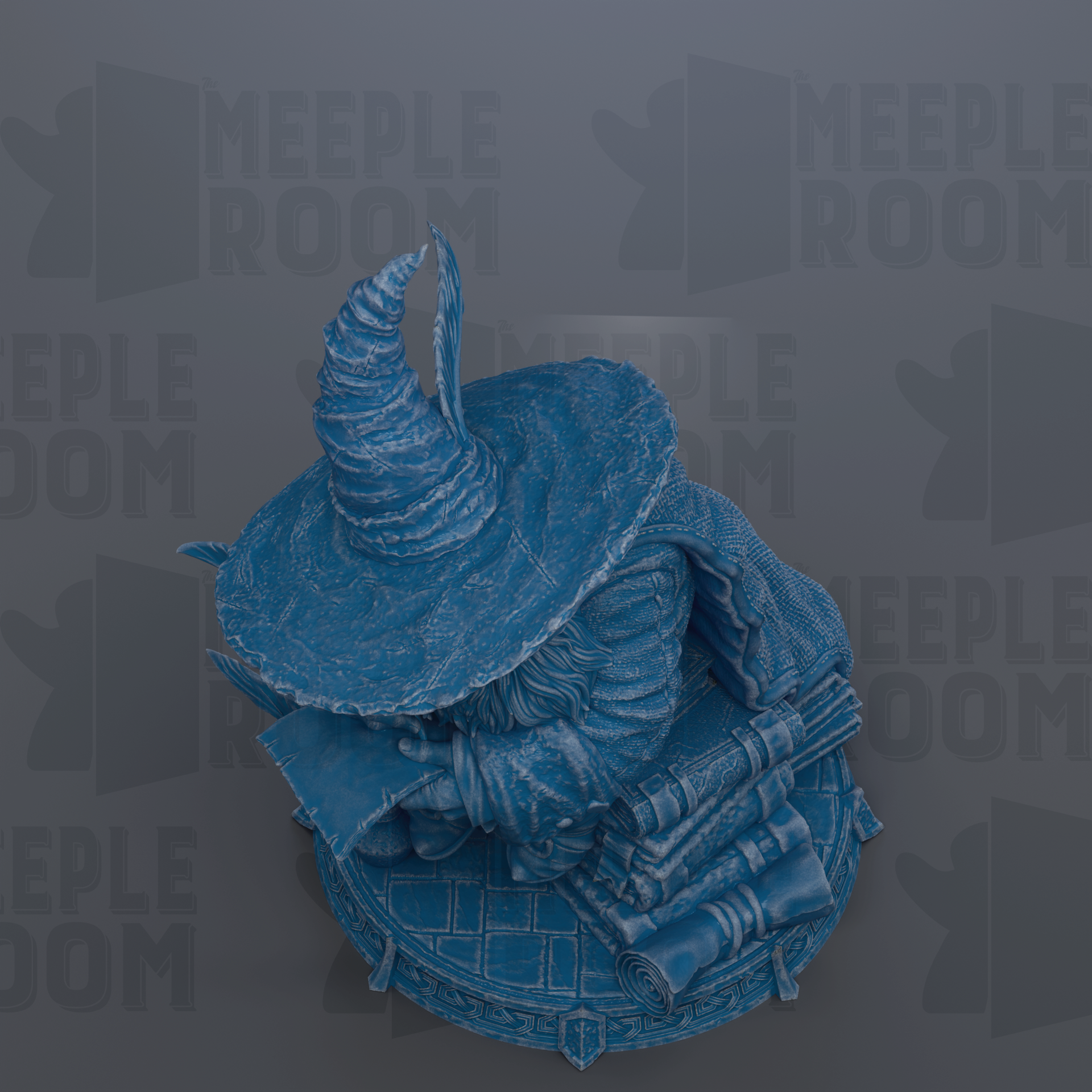 A blue, 3D-rendered wizard statue with a pointed hat and a book in its lap, set against a dark background with repeated text.