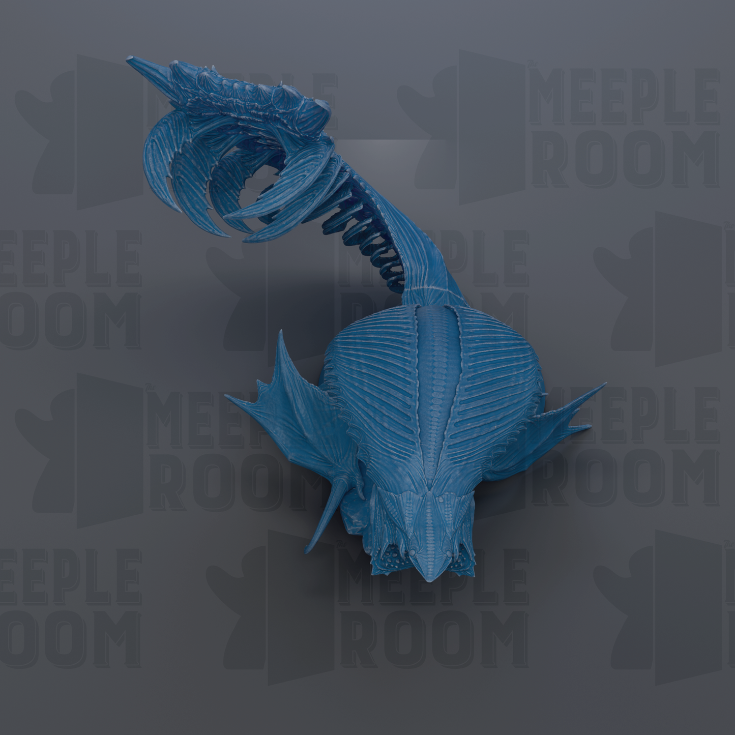 A 3D rendering of a blue, fish-like creature with a long, curved tail and fins, set against a dark background with repeated text.