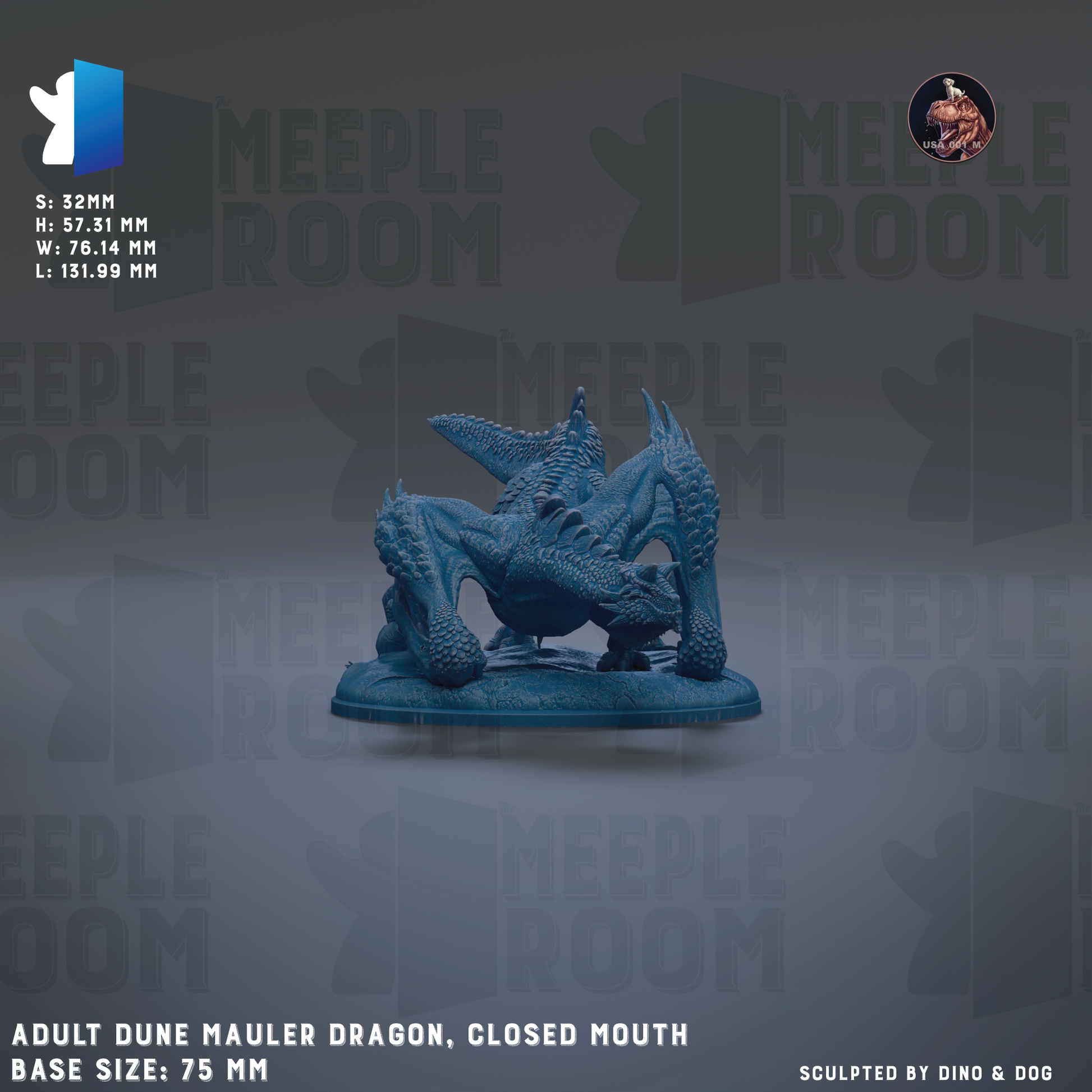 a blue, adult dune mauler dragon statue with a closed mouth, displayed on a base. The dragon is the main focus of the image, and the background is a dark gray color with the text "MEUPLE ROOM" repeated multiple times. The image is described as a "collage of multiple images" and includes the text "Adult Dune Mauler Dragon, Closed Mouth" along with the base sizes of "75 mm" and "155.99 mm".