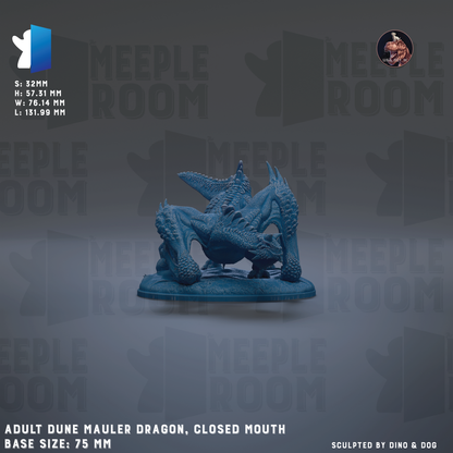 a blue, adult dune mauler dragon statue with a closed mouth, displayed on a base. The dragon is the main focus of the image, and the background is a dark gray color with the text "MEUPLE ROOM" repeated multiple times. The image is described as a "collage of multiple images" and includes the text "Adult Dune Mauler Dragon, Closed Mouth" along with the base sizes of "75 mm" and "155.99 mm".