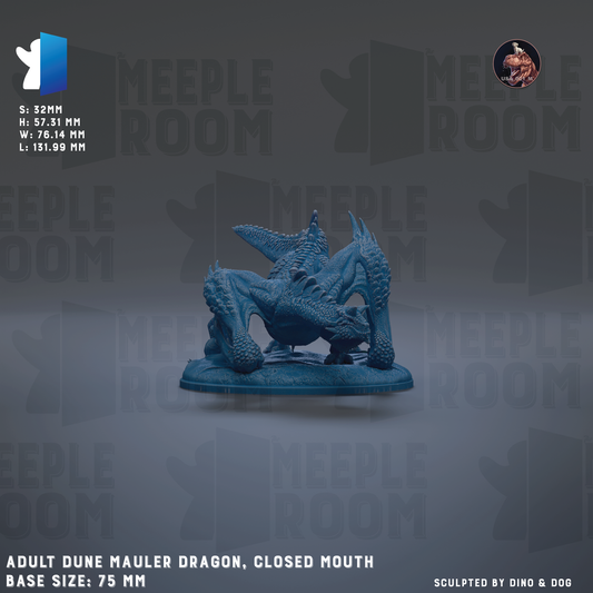 a blue, adult dune mauler dragon statue with a closed mouth, displayed on a base. The dragon is the main focus of the image, and the background is a dark gray color with the text "MEUPLE ROOM" repeated multiple times. The image is described as a "collage of multiple images" and includes the text "Adult Dune Mauler Dragon, Closed Mouth" along with the base sizes of "75 mm" and "155.99 mm".
