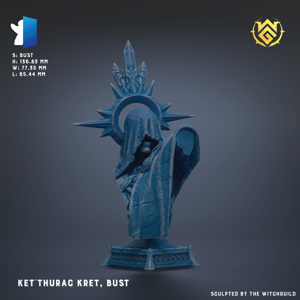 The image is a 3D rendering of a bust sculpture of a figure wearing a cape and holding a shield, with a crown-like headdress on top.