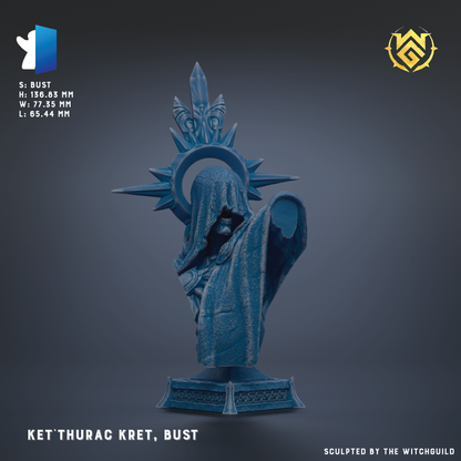 The image is a 3D rendering of a bust sculpture of a figure wearing a cape and holding a shield, with a crown-like headdress on top.