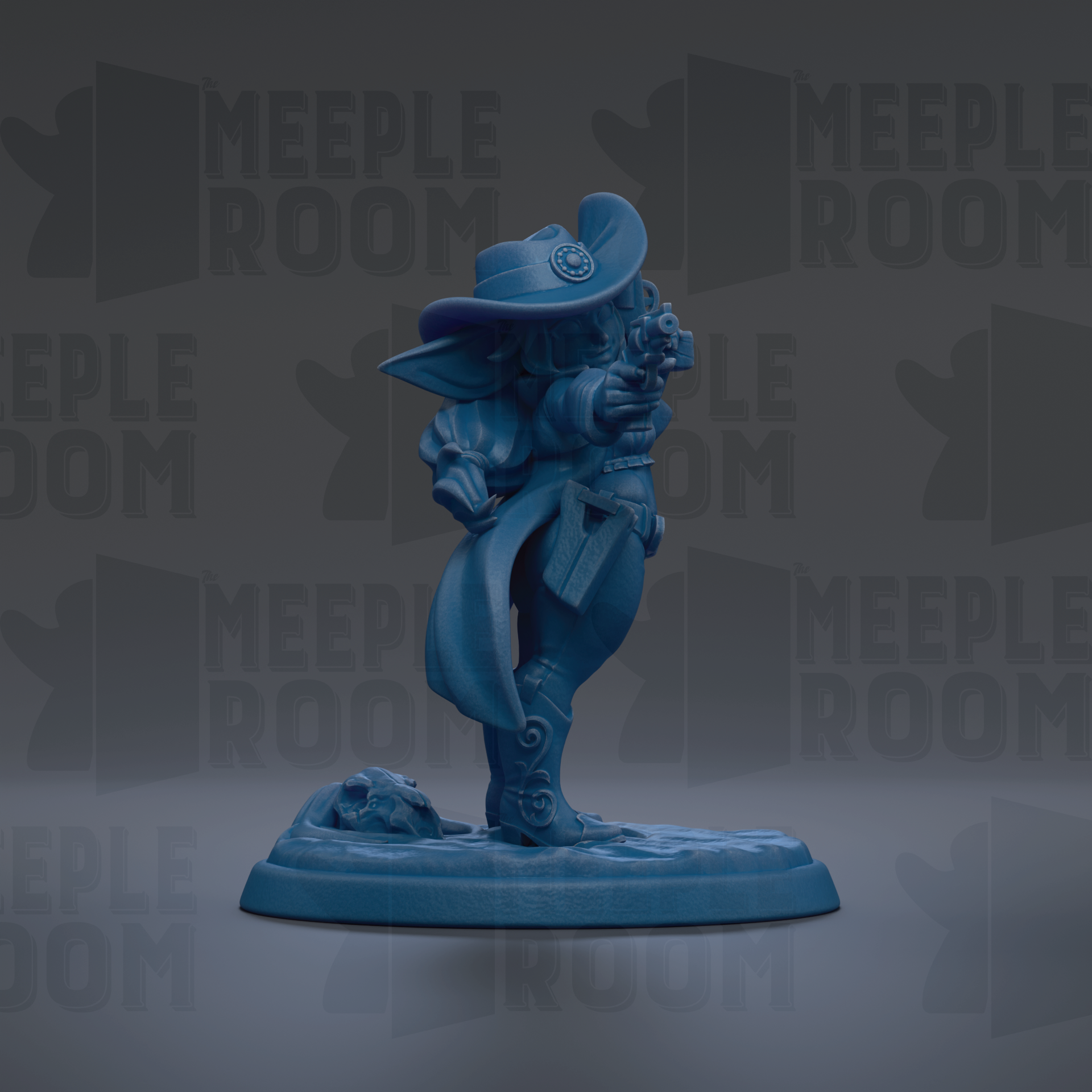 A blue figurine of a character with a hat and a gun, standing on a base.