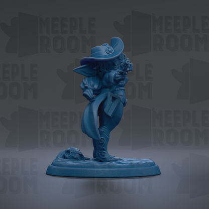 A blue figurine of a character with a hat and a gun, standing on a base.