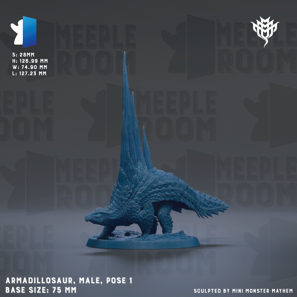 a detailed blue figurine of an armadillo, a type of armored lizard, posed in a dynamic stance. The figurine is positioned on a base that is described as being 7.5 mm in size. The background of the image is a dark gray color, which contrasts with the blue of the figurine and makes it stand out. The image does not contain any text or additional objects, and the armadillo figurine is the sole focus of the image.