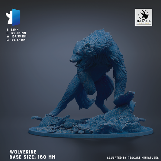 a large, detailed sculpture of a wolf-like creature, possibly a wolf or a similar wild animal, standing on a rocky surface. The sculpture is made of a material that appears to be a mix of blue and gray, giving it a somewhat dark and mysterious appearance. The sculpture is described as a "Wolverine Base Size: 160 mm" and is "Sculpted by Rescue Miniatures".