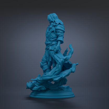 A blue 3D model of a figure standing on a base, with a dark background.
