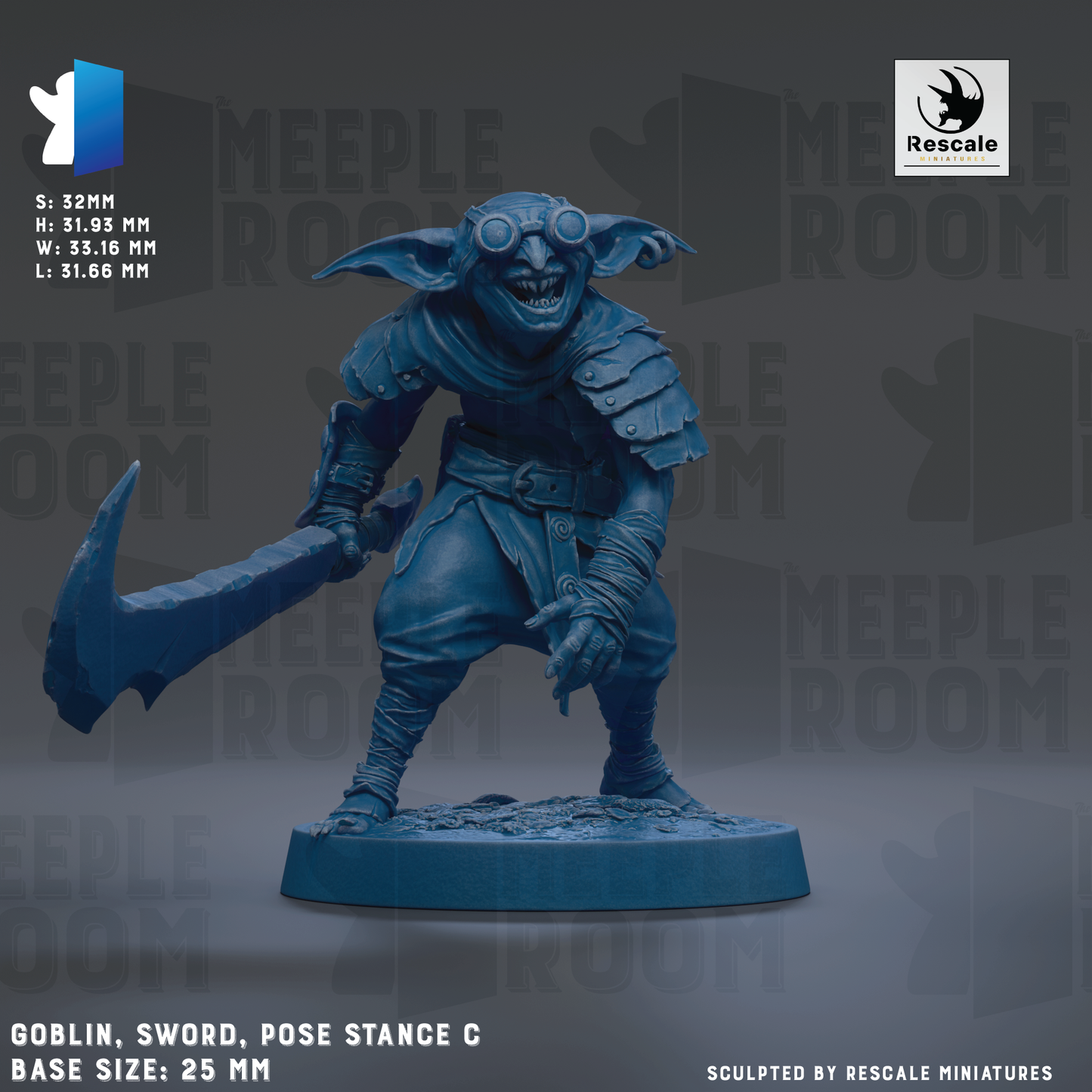 a blue figurine of a creature with a sword, wearing a helmet and goggles, posed in a stance with its right hand holding a sword. The creature appears to be a small, fantastical being with a large head and a long, curved weapon. The figurine is set against a dark background with the text "MEEPLE ROOM" repeated multiple times. The base sizes of the figurine are 25 mm.