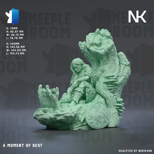 A 3D printed figurine of a female character, likely a warrior or princess, sitting on a rock formation with a shield. The figurine is green in color and appears to be crafted from a material that resembles stone or clay. The image is described as a "Mement of Rest" and is labeled as a "Sculpted by Nerkson".