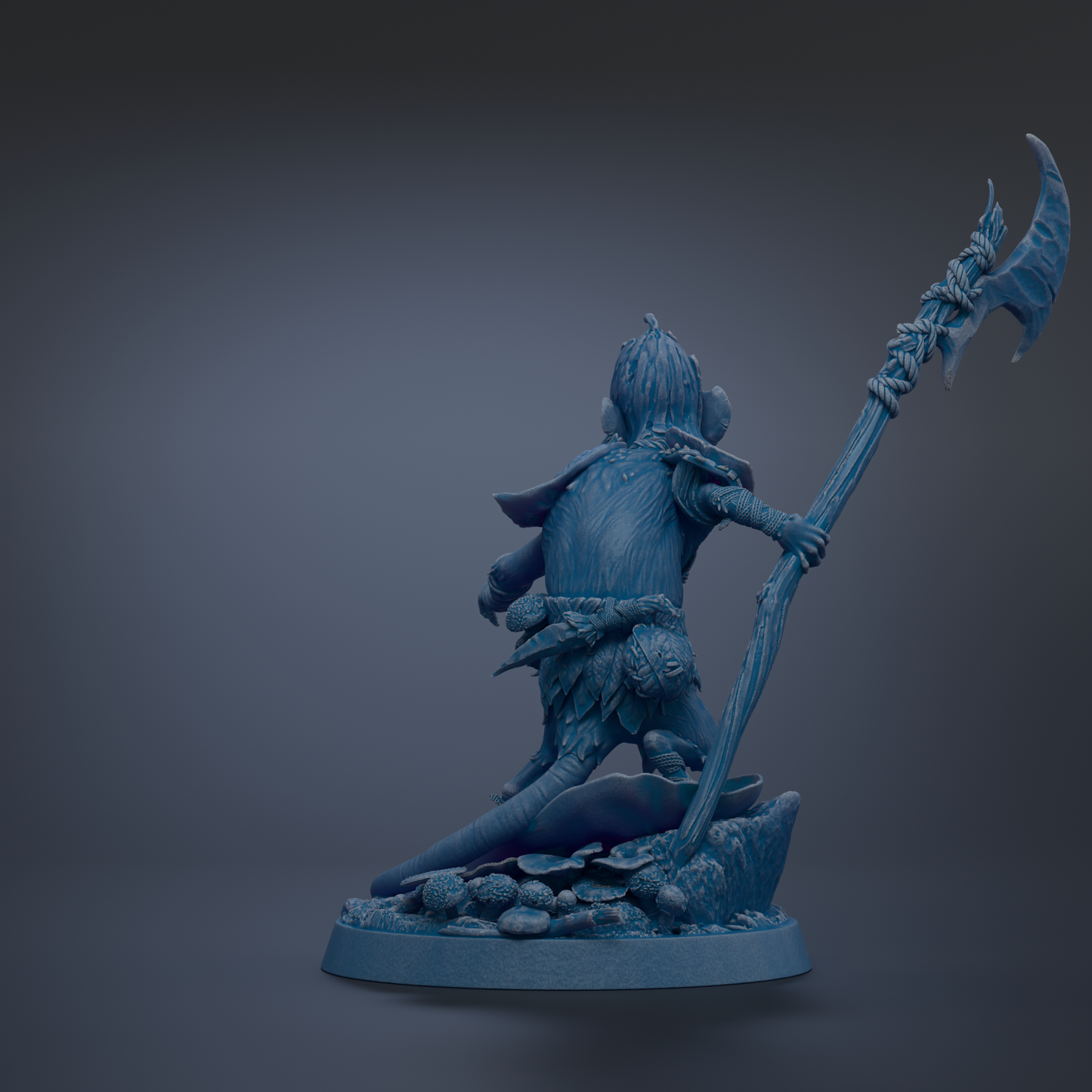 A 3D rendering of a blue-colored statue depicting a figure with a spear and a shield, standing on a rocky base.