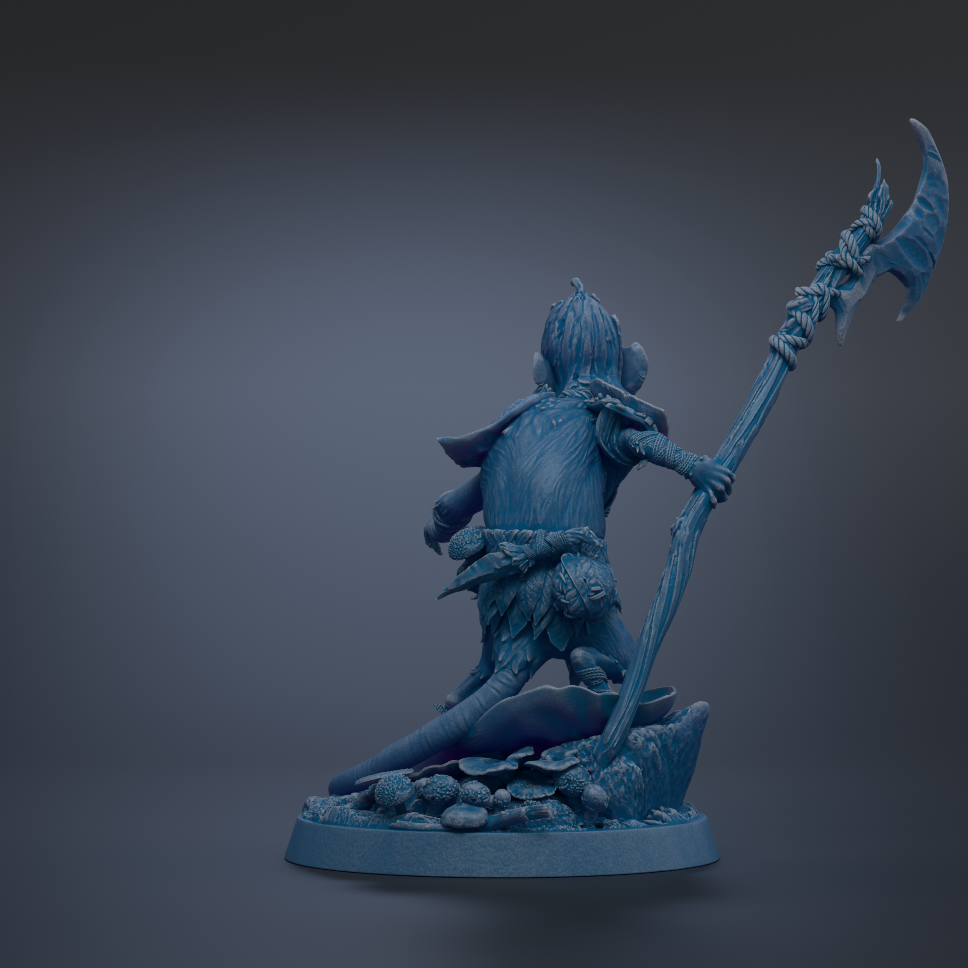 A 3D rendering of a blue-colored statue depicting a figure with a spear and a shield, standing on a rocky base.