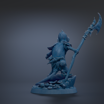 A 3D rendering of a blue-colored statue depicting a figure with a spear and a shield, standing on a rocky base.