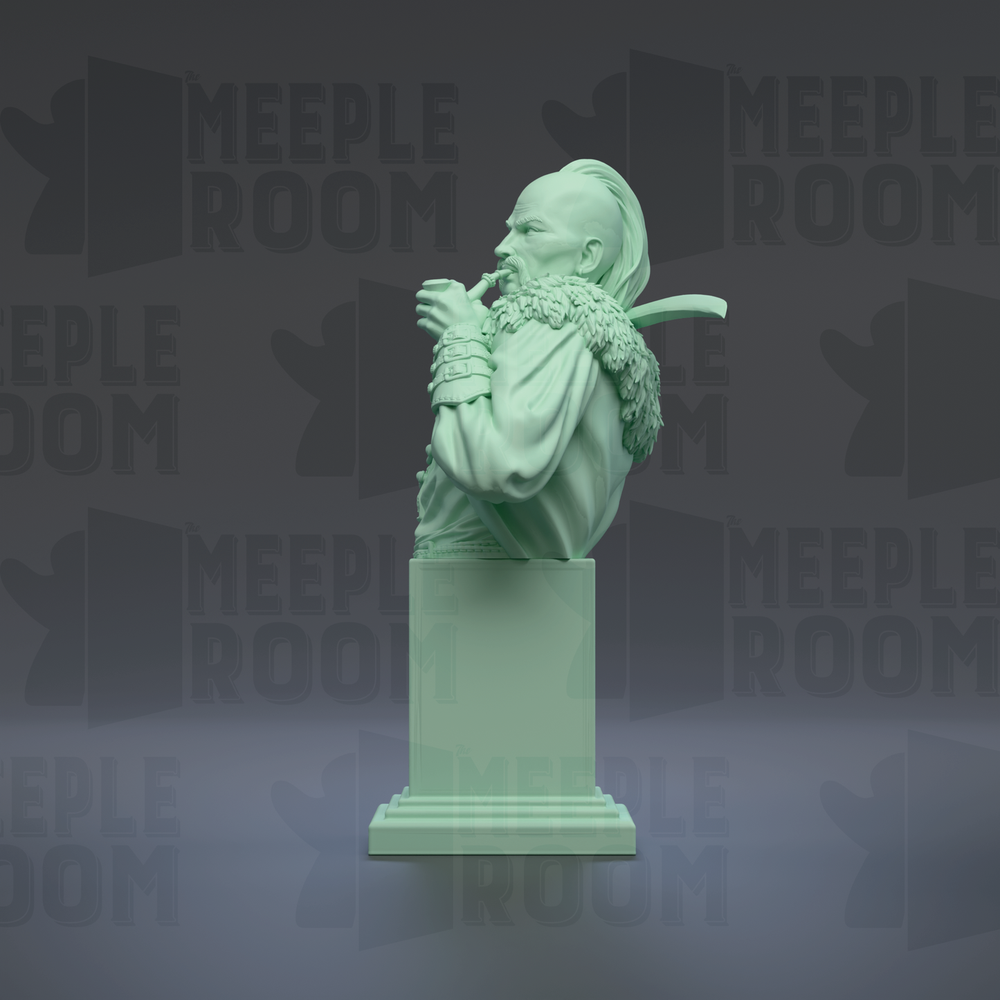 A green bust sculpture of a person with a beard and mustache, sitting on a pedestal.