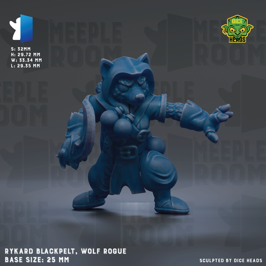 a figurine of a wolf-like creature, possibly a wolf or a similar animal, in a dynamic pose with one arm raised and the other bent at the elbow. The figurine is described as a "RYKARD BLACKPELT, WOLF ROGUE" and is shown in a base size of 25mm.