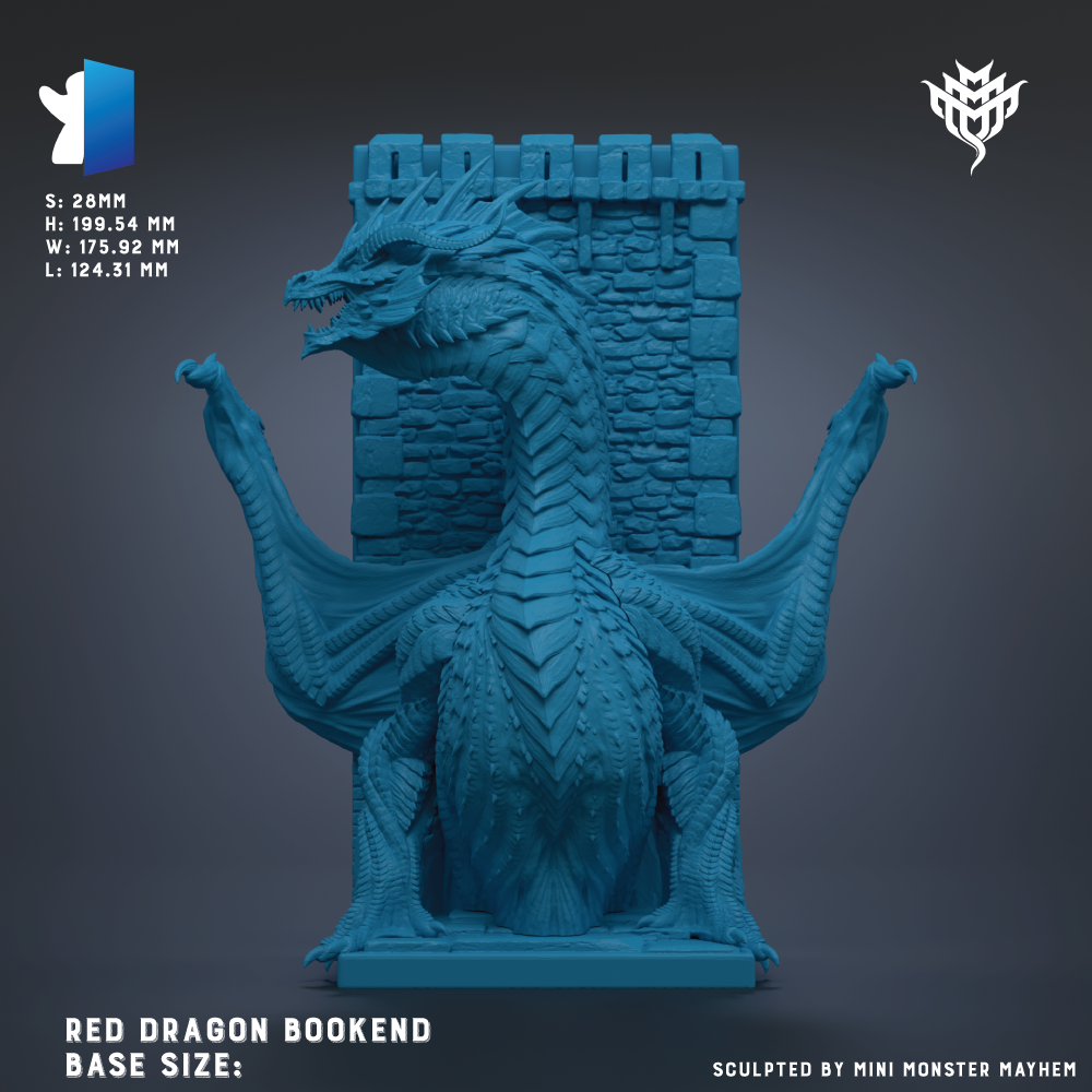 The image is a 3D rendering of a blue dragon statue, which appears to be a bookend. The dragon is depicted in a dynamic pose, with its wings spread wide and its head turned to the side. The base of the dragon is made of stone, giving it a sturdy and imposing appearance. The image is labeled as a "Red Dragon Bookend Base Size: S:24mm H:199.54mm W: 175.93mm H: 174.31mm" and is described as a "Sculpted by Mini Monster Mayhem".