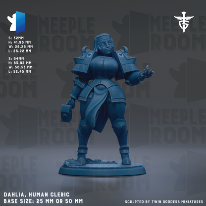 A figurine of a female character, likely a human cleric, in a blue color. The figurine is standing on a base and appears to be made of a material that resembles metal or plastic. The image is described as a "meadow" and "meadow room" and is part of a collection of figurines. The base size of the figurine is either 25mm or 50mm. The figurine is sculpted by Twin Goddess Miniatures.