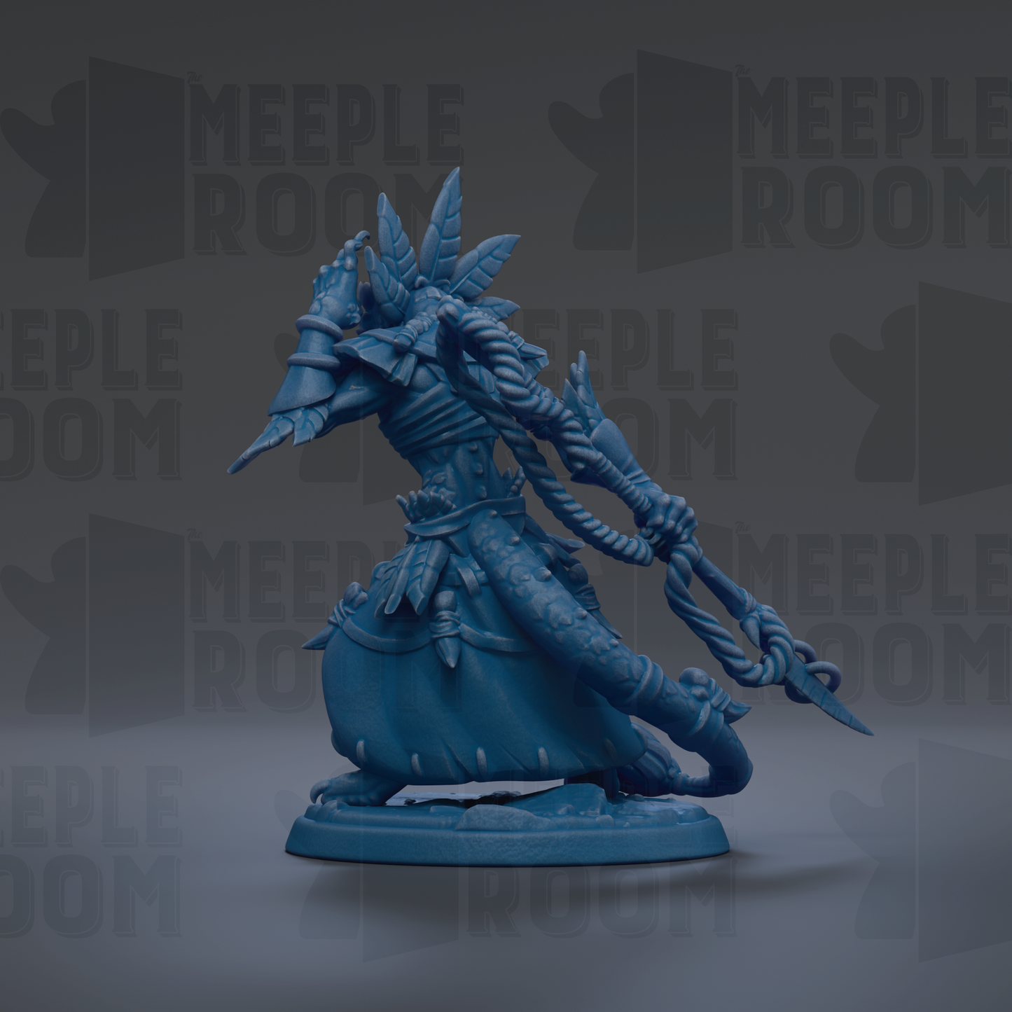 A blue figurine of a fantastical creature with intricate details and a flowing, ornate design.