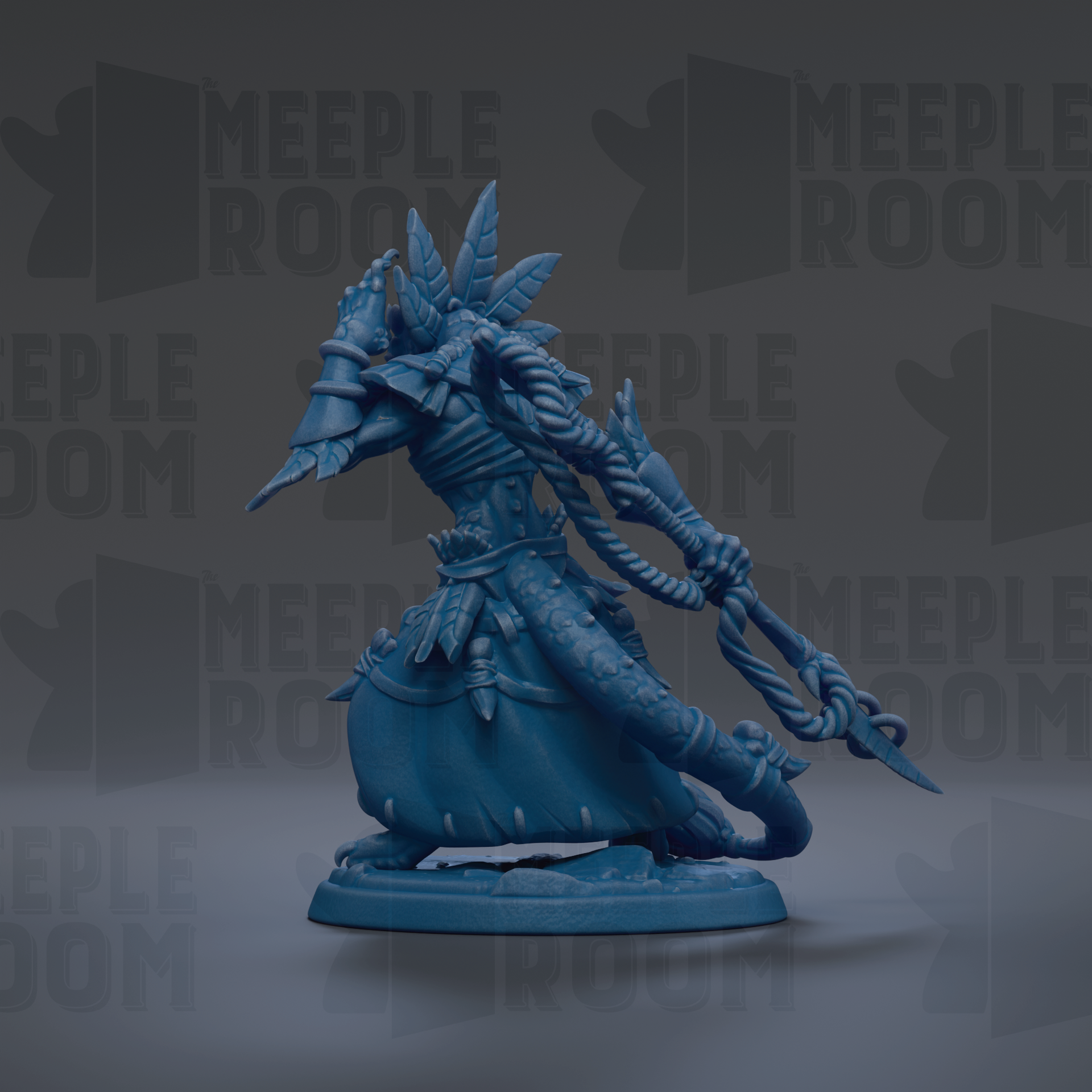 A blue figurine of a fantastical creature with intricate details and a flowing, ornate design.