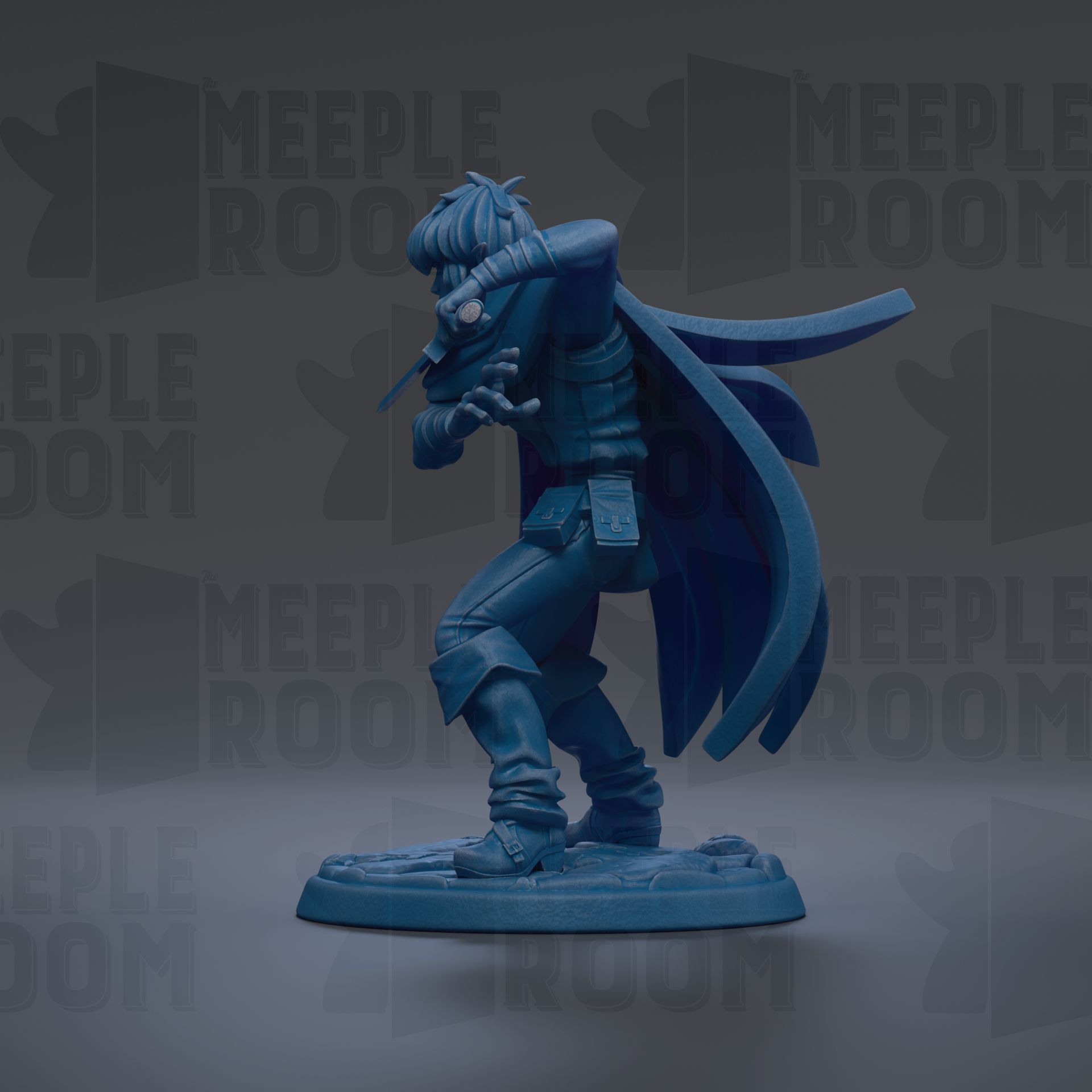 A blue figurine of a person with a cape and a sword, standing on a base.
