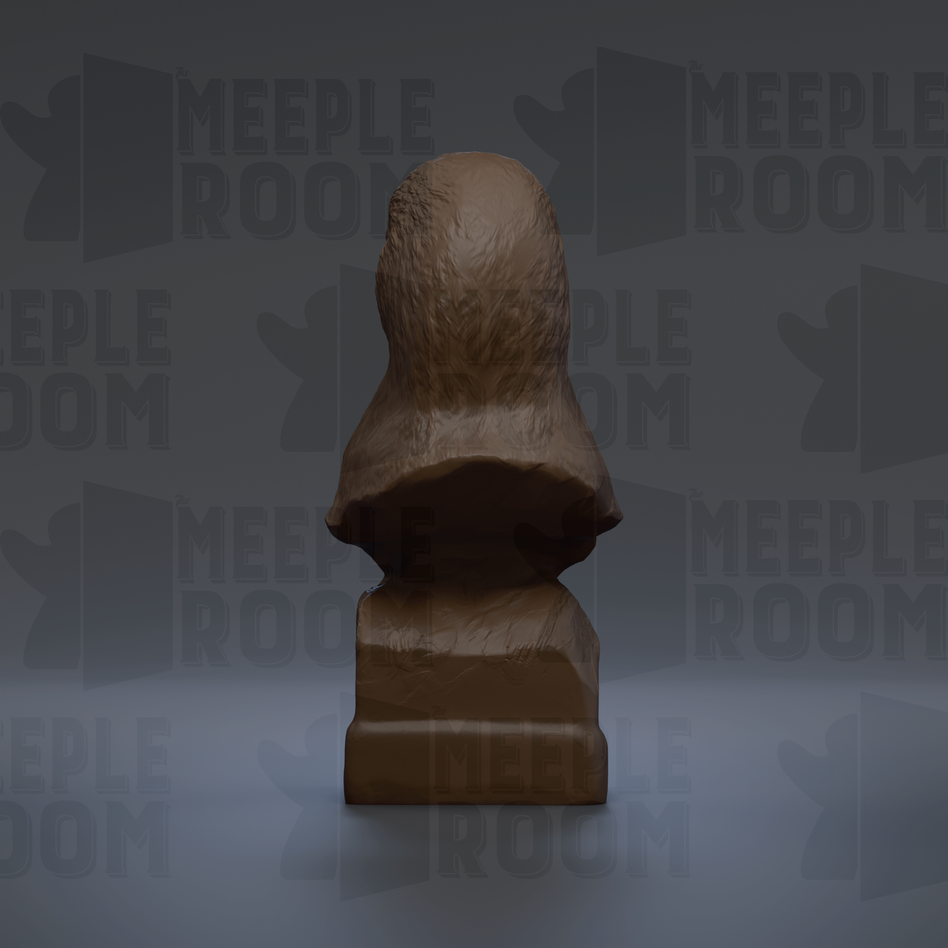 A 3D rendering of a brown statue of a person, with the text "MEEPLE ROOM" repeated in the background.
