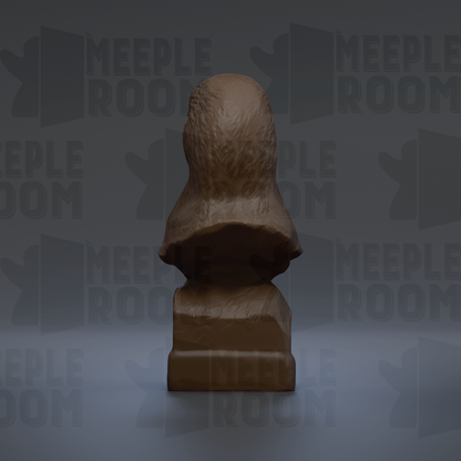 A 3D rendering of a brown statue of a person, with the text "MEEPLE ROOM" repeated in the background.