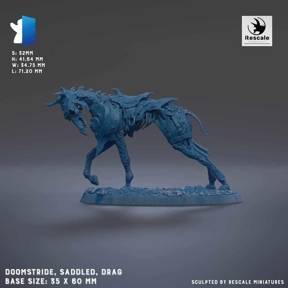 a 3D rendered model of a dragon-like creature with a saddleled, dragging appearance. The base size of the model is 35 x 60 mm. The sculpture is created by Rescale miniatures.