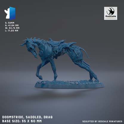a 3D rendered model of a dragon-like creature with a saddleled, dragging appearance. The base size of the model is 35 x 60 mm. The sculpture is created by Rescale miniatures.
