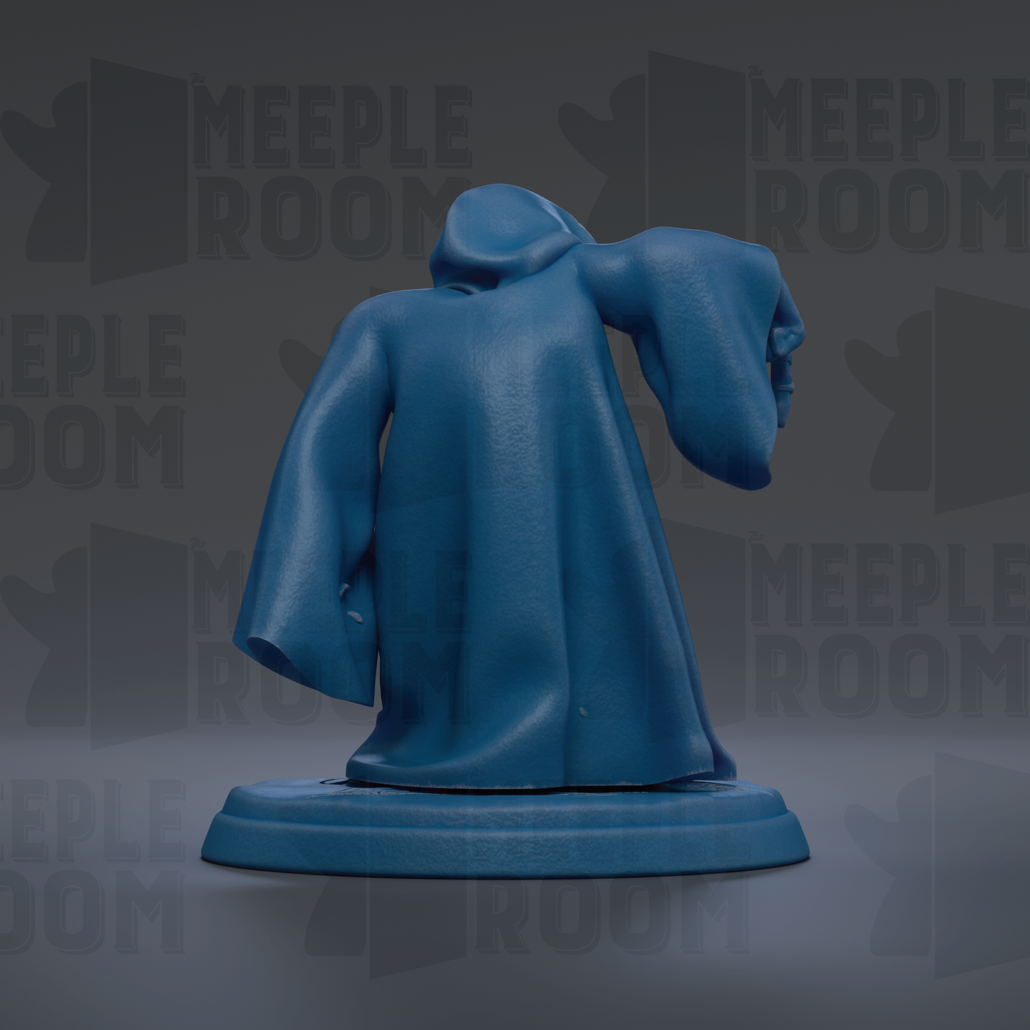 A blue statue of a figure with a hooded cloak, standing on a pedestal against a dark background with repeated text.