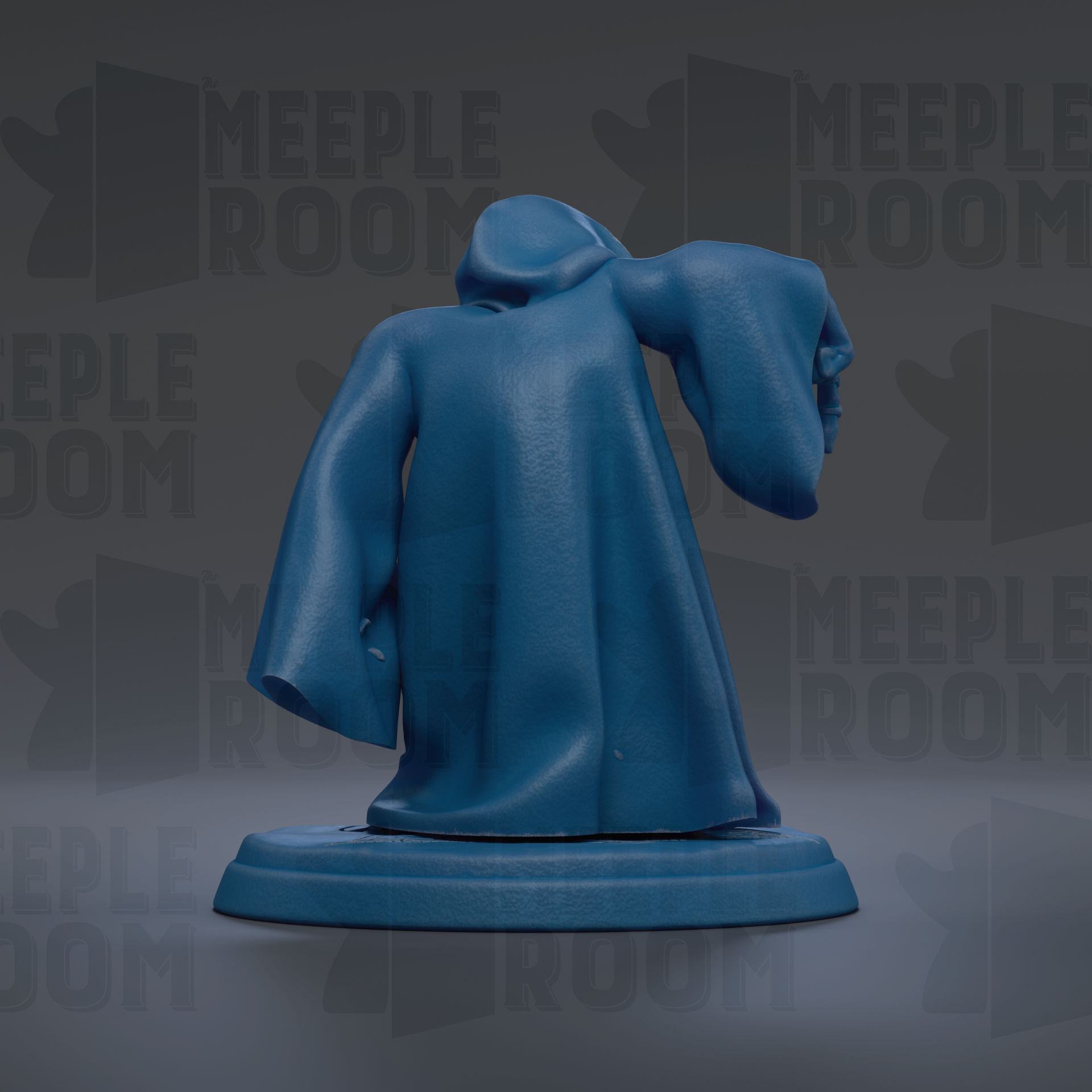 A blue statue of a figure with a hooded cloak, standing on a pedestal against a dark background with repeated text.