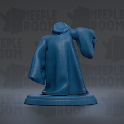 A blue statue of a figure with a hooded cloak, standing on a pedestal against a dark background with repeated text.