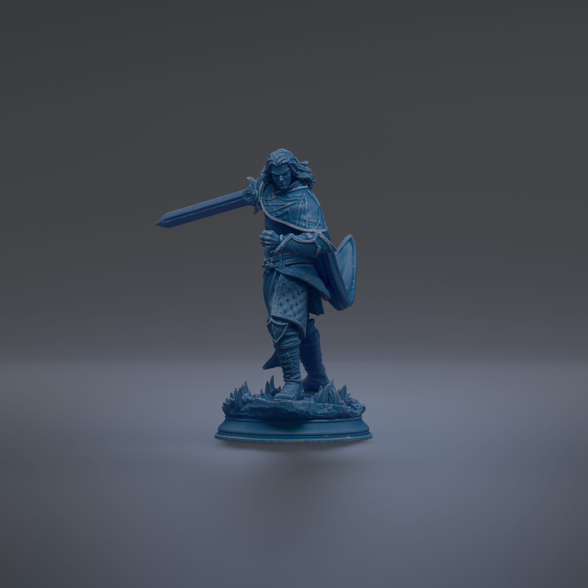 A blue figurine of a warrior standing on a base, holding a sword and shield, against a dark background.