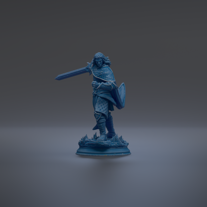 A blue figurine of a warrior standing on a base, holding a sword and shield, against a dark background.