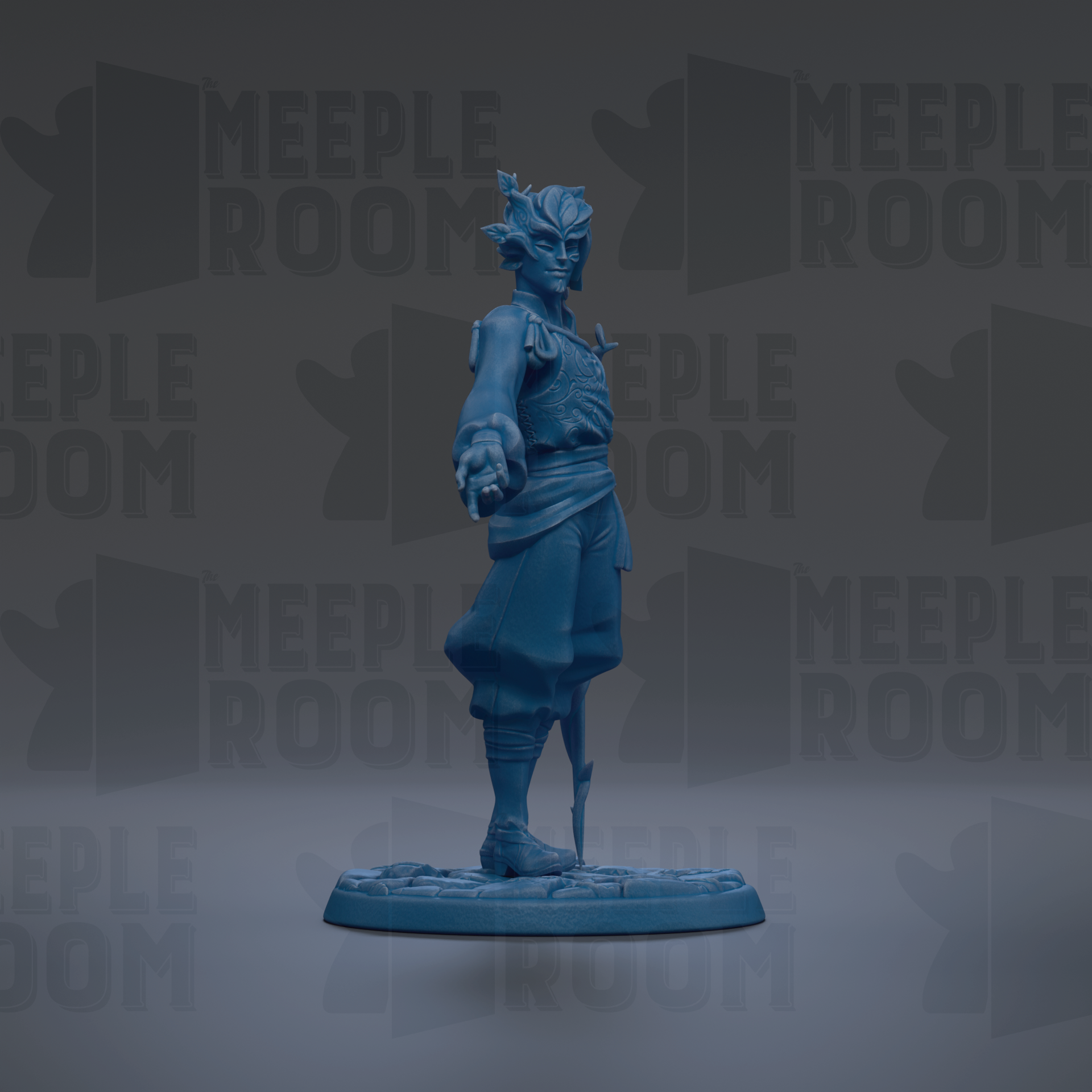 A blue figurine of a person standing on a platform against a dark background with repeated text.