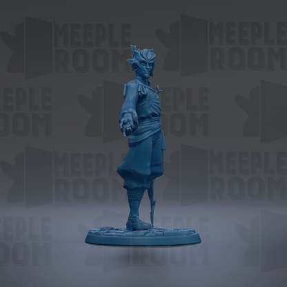 A blue figurine of a person standing on a platform against a dark background with repeated text.