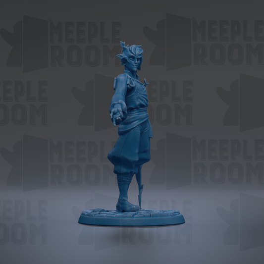 A blue figurine of a person standing on a platform against a dark background with repeated text.
