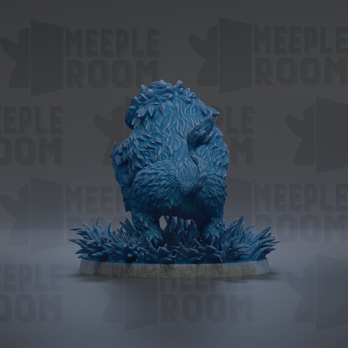 A blue, furry creature resembling a small animal or mythical creature is sitting on a base with spikes or thorns, surrounded by a dark background with repeated text.
