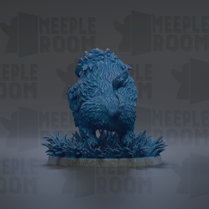 A blue, furry creature resembling a small animal or mythical creature is sitting on a base with spikes or thorns, surrounded by a dark background with repeated text.