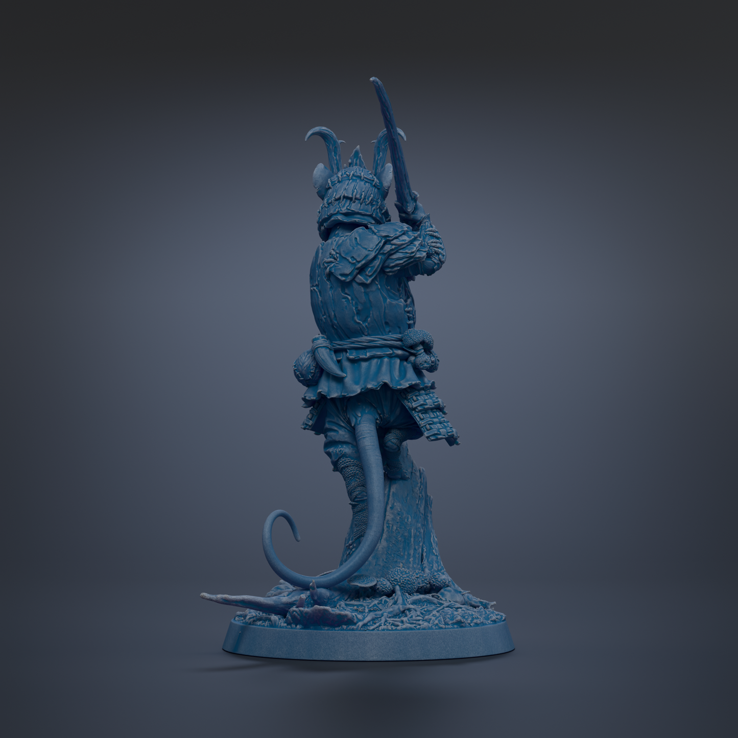 A blue figurine of a fantastical creature, possibly a dragon or serpent, standing on a rock and holding a weapon.