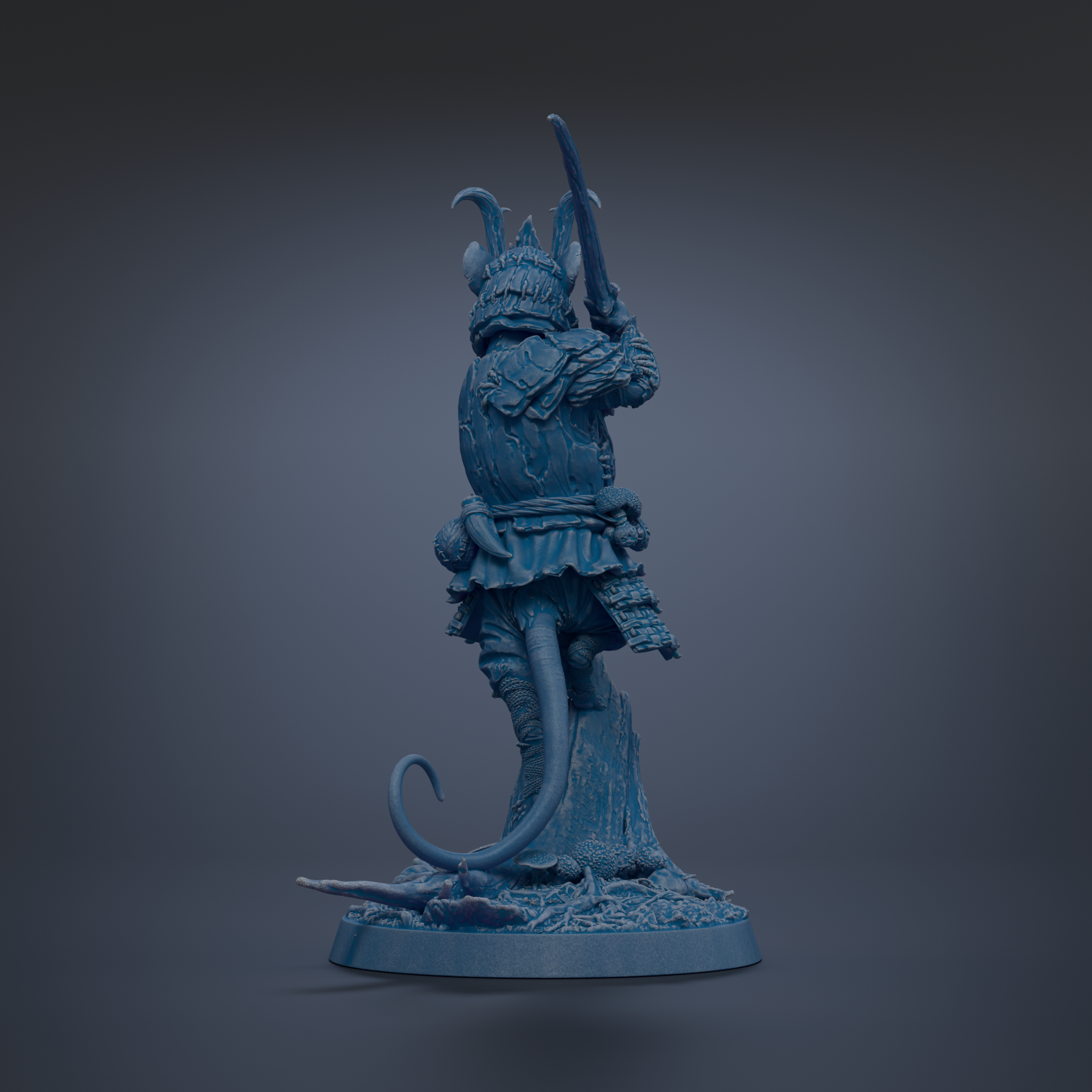A blue figurine of a fantastical creature, possibly a dragon or serpent, standing on a rock and holding a weapon.