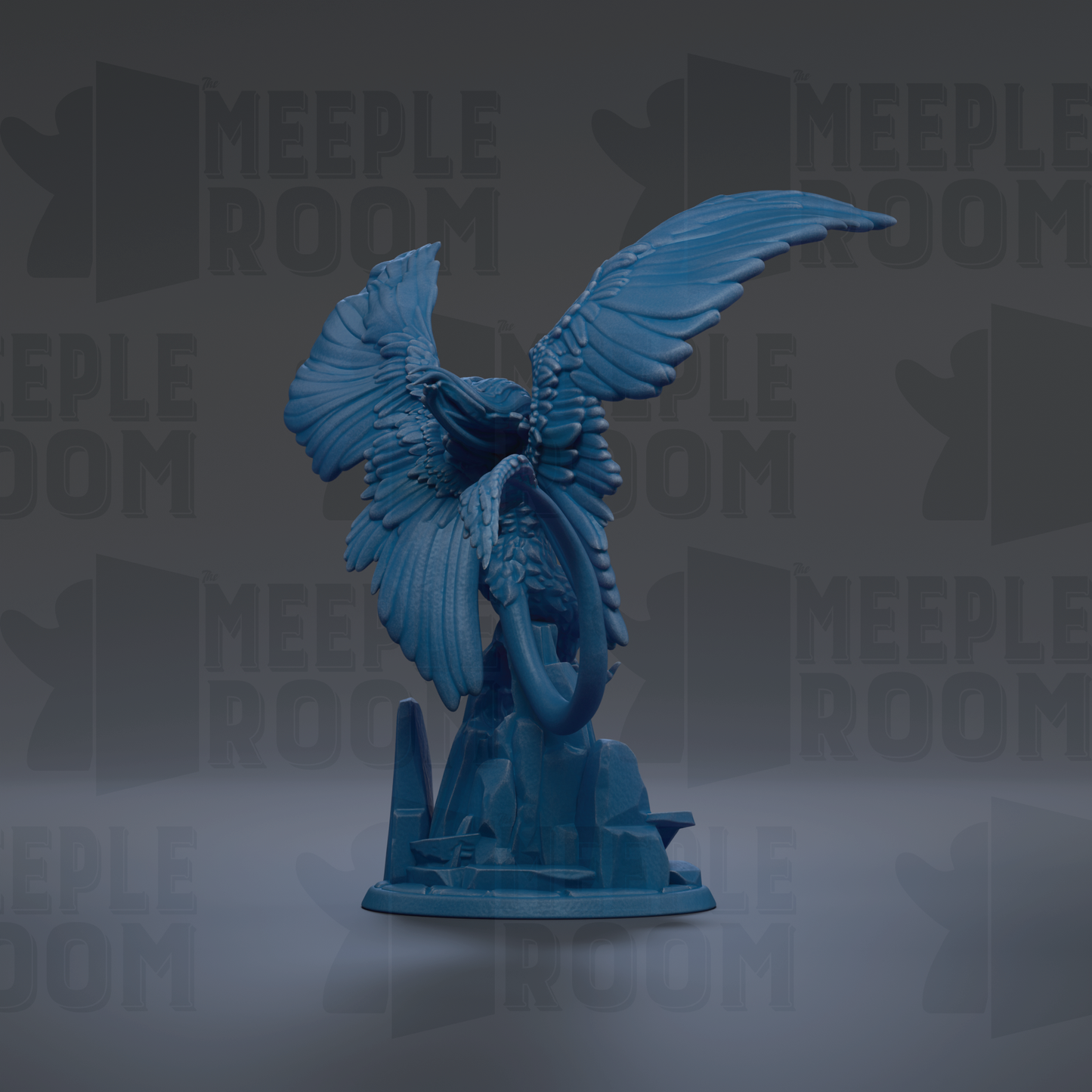 A blue, winged figurine stands on a pedestal against a dark background with repeated text.