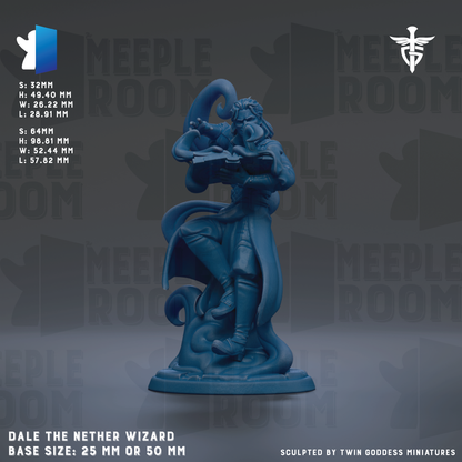 Dale the nerf wizard statue, a figurine of a character from the video game series "Meeple Room". The statue is depicted in a dynamic pose, with a sword in hand, and is shown in a blue color. The base size of the statue is 25 mm or 50 mm. The image is a collage of multiple images, and it is described as being sculpted by Twin Goddess miniatures.