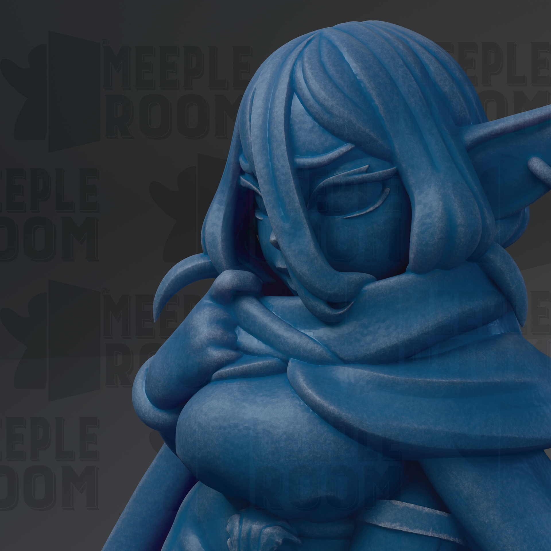 A close-up of a blue, 3D-rendered character with a pensive expression, set against a dark background with repeated text.
