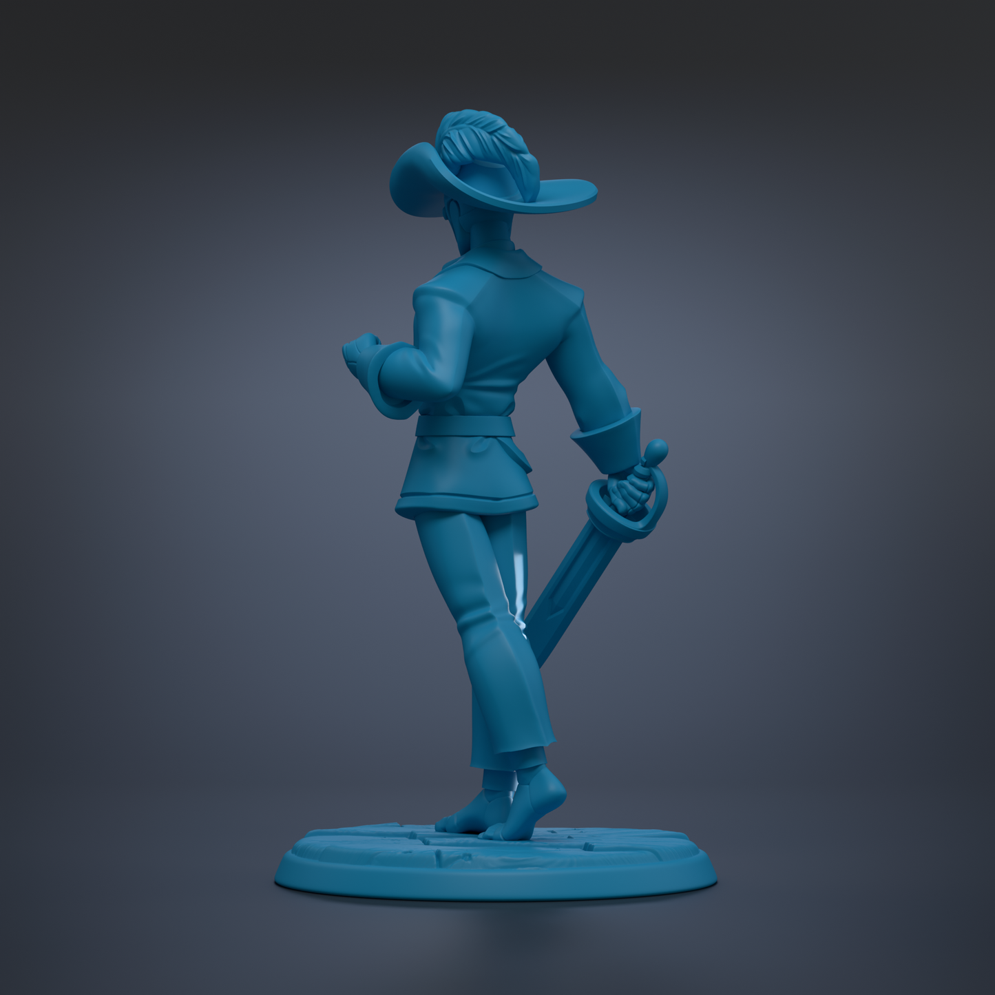 A blue 3D model of a person holding a sword and wearing a hat.