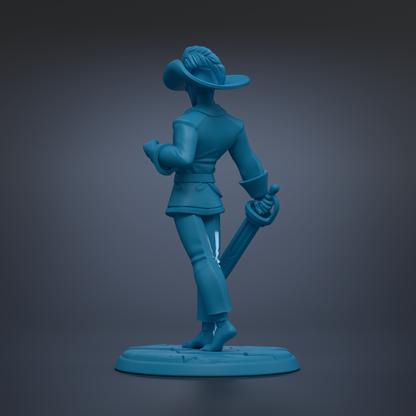 A blue 3D model of a person holding a sword and wearing a hat.