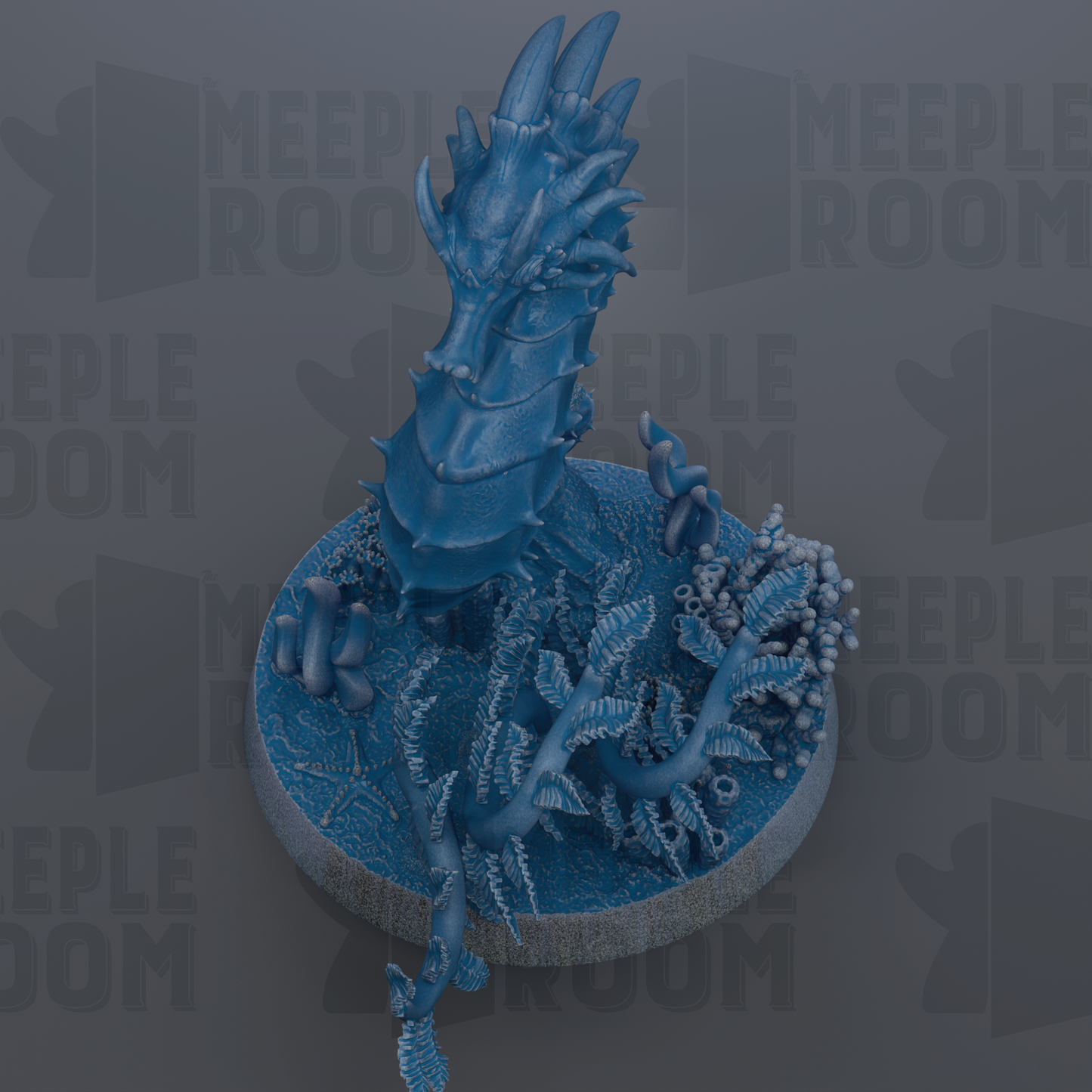 A blue, 3D-rendered dragon-like creature with sharp teeth and claws, standing on a circular base with a textured surface.