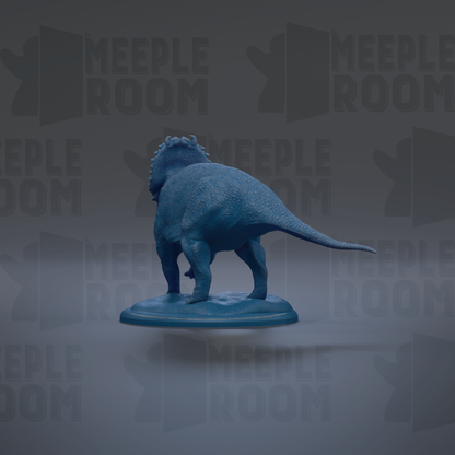 A blue dinosaur figurine is standing on a blue base against a gray background with repeated text.